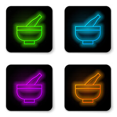 Poster - Glowing neon line Mortar and pestle icon isolated on white background. Black square button. Vector