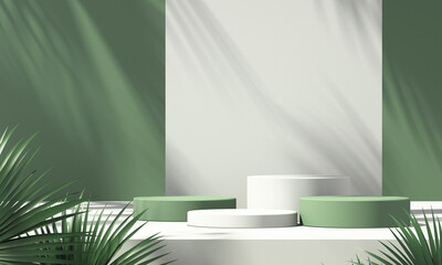 Wall Mural - 3D green product podium display with green and white background and tree shadow,summer product mockup background,3D render illustration