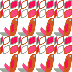 Aufkleber - Abstract geometric retro inspired vector seamless pattern.Stylized bird, leaves and flowers in pastel colors. Simple background in traditional decorative folk art scandinavian style.Isolated texture