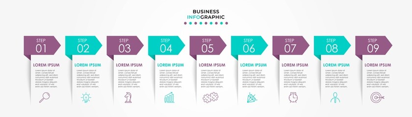 Vector Infographic design illustration business template with icons and 9 options or steps. Can be used for process diagram, presentations, workflow layout, banner, flow chart, info graph