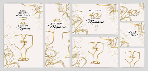 illustration with silhouette of glasses and decorative elements of golden color. Invitation design Save the Date, thank you card, menu list.
