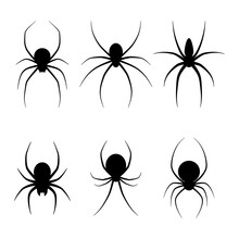 Set Of Black Silhouette Spiders. Creepy Decoration Of Horror Design For Halloween Party. Spooky Background For October Night Party And Invitations. Flat Vector Stock Illustration.