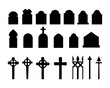 Set of black silhouettes of headstones, fences, crosses. Spooky horror design decoration for Halloween party. Spooky background for October party and invitations. Flat vector stock illustration.