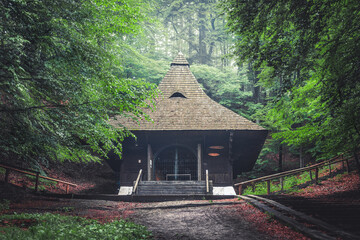 Chapel of St. Roch in Krasnobród, Roztocze, Poland. Beautiful wooden sacral building situated on a hill between trees.