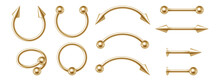 Body Piercing Golden Jewelry Set, Different Gold Accessories. Modern Pierce Earrings 3d Collection