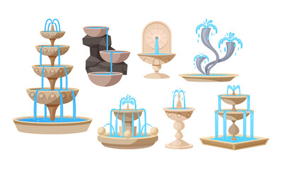 Collection of fountains, geyser waterfalls and water splash. Vintage and modern architecture decor