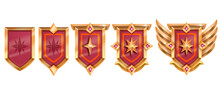 Golden Game Badge, Vector Rank Medal Award Set, Medieval Level Up Shield Achievement, Red Crystal, Wings. UI RPG Winner Congratulation Reward Sign, Rating Royal Emblem. Treasure Game Badge On White