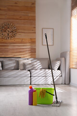 Canvas Print - Floor mop, cleaning detergents and bucket with gloves in living room