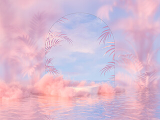 Natural beauty podium backdrop for product display with dreamy cloud and arch frame. Romantic 3d seascape scene.