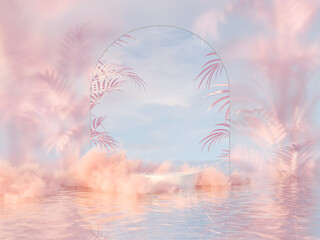Leinwandbilder - Natural beauty podium backdrop for product display with dreamy cloud and arch frame. Romantic 3d seascape scene.