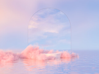 Leinwandbilder - Natural beauty podium backdrop for product display with dreamy cloud and arch frame. Romantic 3d seascape scene.