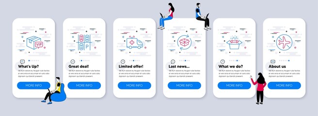Transportation icons set. UI phone app screens with teamwork. Included icon as Return parcel, Parking place, Vip parcel signs. Packing boxes, Ambulance car, Flight mode line icons. Vector