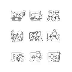 Poster - Online gameplay linear icons set. Exciting time spending with friends. Big team combat on battlefield. Customizable thin line contour symbols. Isolated vector outline illustrations. Editable stroke