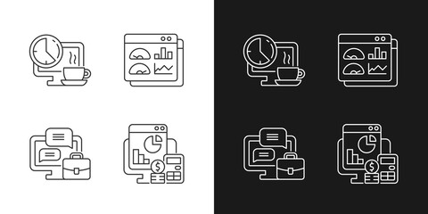 Poster - Work tracking linear icons set for dark and light mode. Coffee, lunch break for employee.Work monitoring tools. Customizable thin line symbols. Isolated vector outline illustrations. Editable stroke