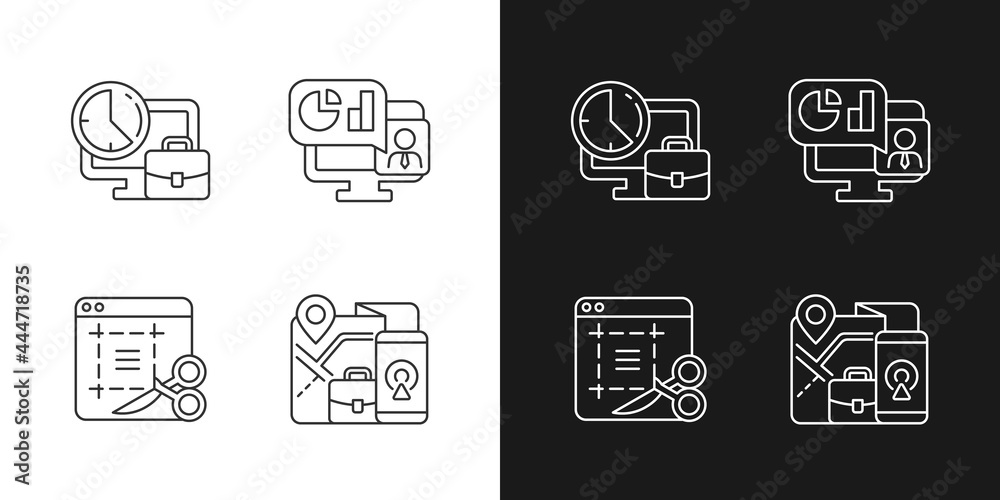 Remote work monitoring linear icons set for dark and light mode. Online ...