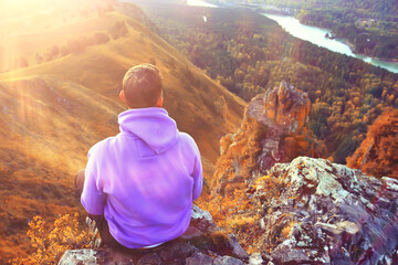 guy mountains sitting, male tourist travel active summer