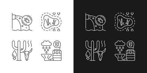 Wall Mural - Rising water demand linear icons set for dark and light mode. Water contamination. Disappearing wetlands. Customizable thin line symbols. Isolated vector outline illustrations. Editable stroke