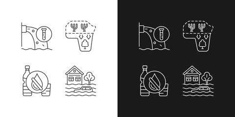 Wall Mural - Water stress linear icons set for dark and light mode. Desert expansion. Urban runoff management. Customizable thin line symbols. Isolated vector outline illustrations. Editable stroke