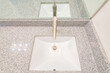 Top view of a single basin undermount bathroom sink with stainless steel faucet