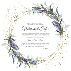 Wall Mural - Floral vector template for wedding invitation. Lavender, green leaves, circular polygonal gold frame.