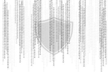 Binary code white background with shield. Software, network security concept