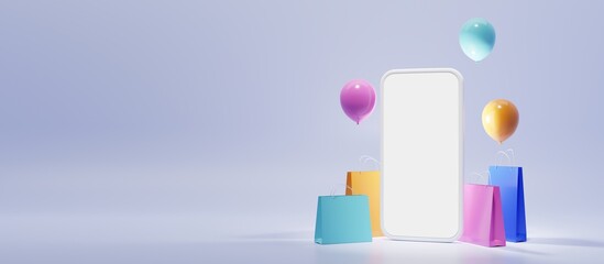 Poster - Online shopping in internet shop, social media or mobile app. Mockup empty smartphone screen with gift bags and balloons on blue holiday background. Ecommerce, delivery service concept 3d illustration