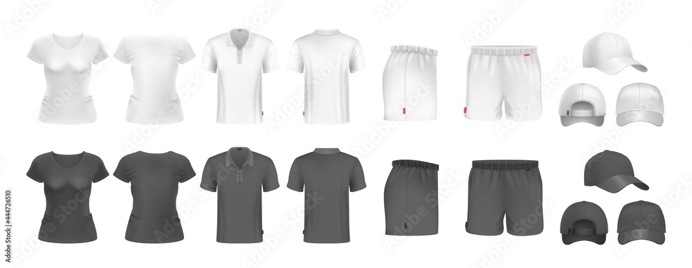 Realistic sport uniform mockup. Male female t-shirt shorts and caps. Black and white sportsmen wear. Isolated undershirt and underpants vector set - obrazy, fototapety, plakaty 