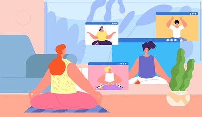 Sticker - Home yoga. Online group workout, resting in meditation pose together. Modern workout streaming, fitness on video call utter vector illustration