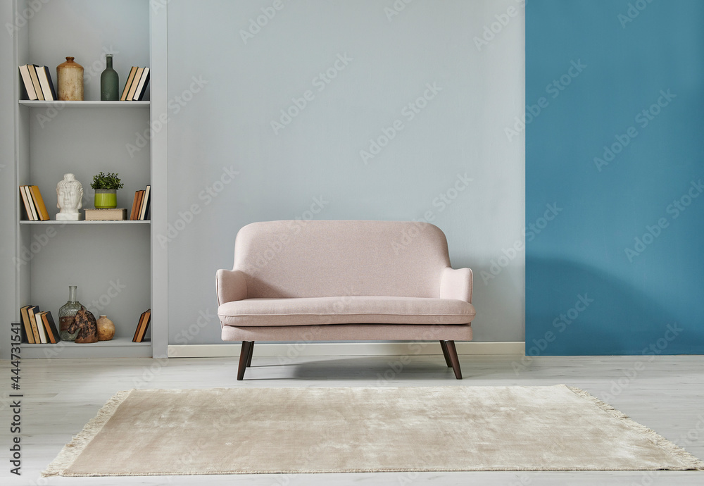 Grey and blue living room style, modern small sofa, carpet parquet floor, vase of green plant and shelf concept. - obrazy, fototapety, plakaty 