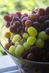 Poster - Different types of grapes in a glass vase. Summer fruits close up photo. Eating fresh concept. Black and green grapes texture close up. 