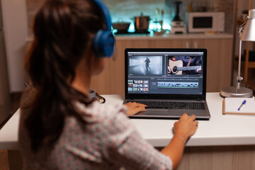 Poster - movie maker editing a film using modern software for post production. content creator in home workin