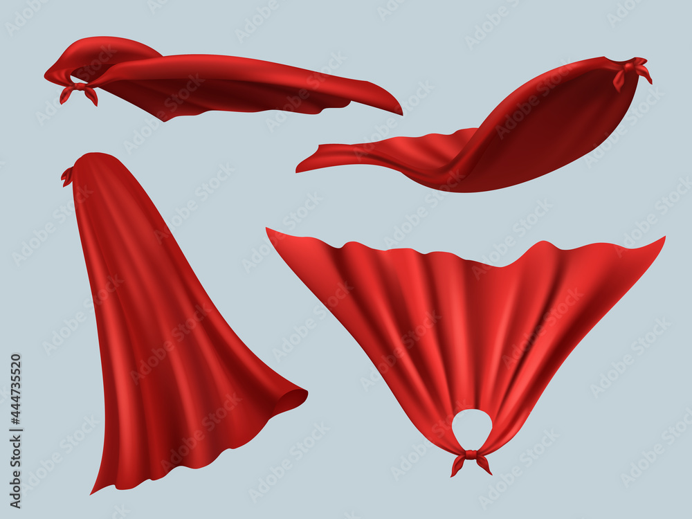 Hero red cape. Masquerade textile costume cape from silk fashion clothes with creases templates for superheroes decent vector realistic mockup - obrazy, fototapety, plakaty 
