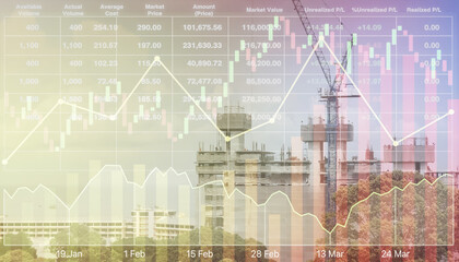 Wall Mural - Stock financial index with graph and chart show successful investment on construction industry and modern technology for report and presentation background.