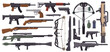 Weapons guns. Military weapons, gun pistol, crossbow, knives, grenade and machine gun, automatic firearm supplies vector illustration set. Army weapon elements