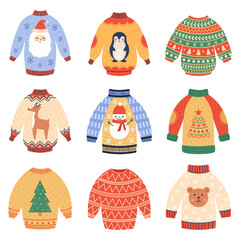 Poster - Winter holidays jumpers. Cute xmas woollen sweaters, cozy Christmas winter garments vector illustration set. Christmas warm sweaters