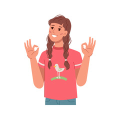 Poster - Girl kid showing okay gesture with hands, isolated preteen personage approving or agreeing. Cool and ok symbol, expression of agreement and positive answer. Flat style cartoon character vector