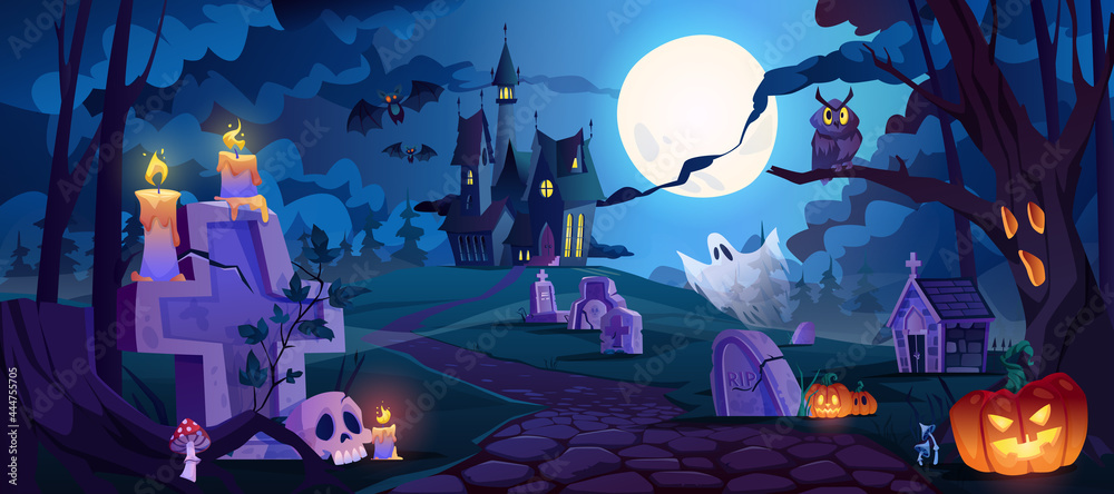 Graveyard and high spooky castle on top, cemetery with skulls and candles, pumpkins with lights and ghosts. Halloween landscape scene, small boneyard with tombstones and dry trees. Cartoon vector - obrazy, fototapety, plakaty 