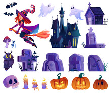 Witch Character And Flying Bats, Owl And Pumpkins, Gravestones And Castle, Ghost Apparition And Candles. Skull And Mushroom Design, Set For Halloween Holiday Celebration Decoration. Cartoon Vector