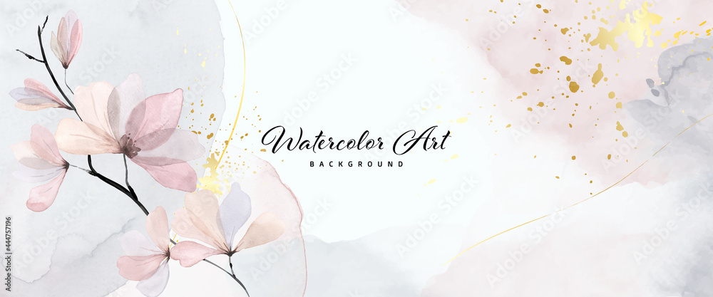 Abstract background watercolor gentle flower and gold splash - obrazy, fototapety, plakaty 