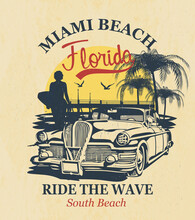 Florida Typography For T-shirt Print With Surf,beach And Retro Car.Vintage Poster.
