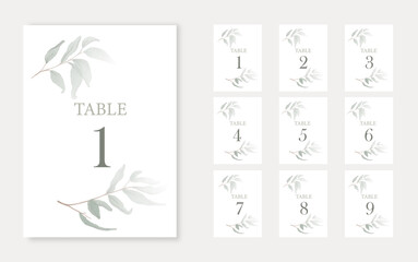 Wall Mural - wedding table number template with watercolor green leaves.