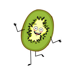 Wall Mural - Cute kiwi character with joyful emotions, smile face, happy eyes, arms and legs. The sweet tropical exotic funny fruit, lucky sweet food, dessert dancing