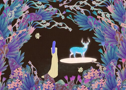Fantasy art , woman with a deer in surreal forest, abstract of flowers, dream and mystery concept artwork, imagination illustration