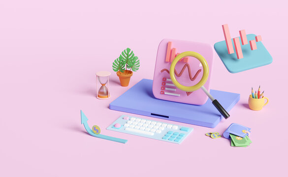 computer with charts and graph, analysis business financial data,dollar coins, Online marketing isolated on pink pastel background ,3d illustration or 3d render