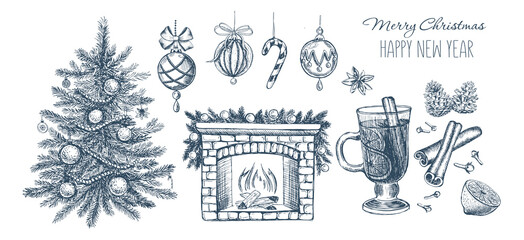 Wall Mural - Christmas tree, fireplace, toys. Hand drawn illustration.	
