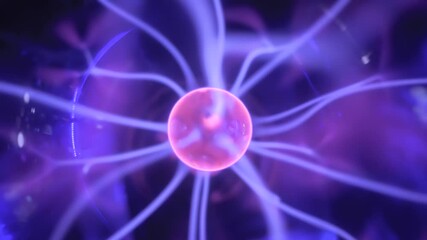 plasma ball with many energy rays inside in dark room - close up view. electricity, futuristic, educ