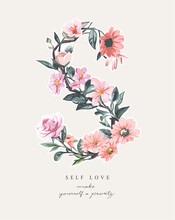 Self Love Slogan With Colorful Flowers In S Letter Shape Vector Illustration