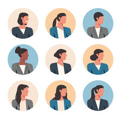 Wall Mural - Group of faceless people portraits of businesswoman, female faces avatars isolated at round icons set, vector flat illustration