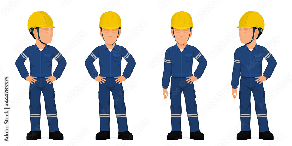 Set of industrial worker with arms akimbo on white background - obrazy, fototapety, plakaty 