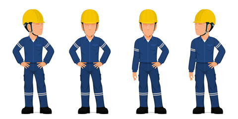 Wall Mural - Set of industrial worker with arms akimbo on white background